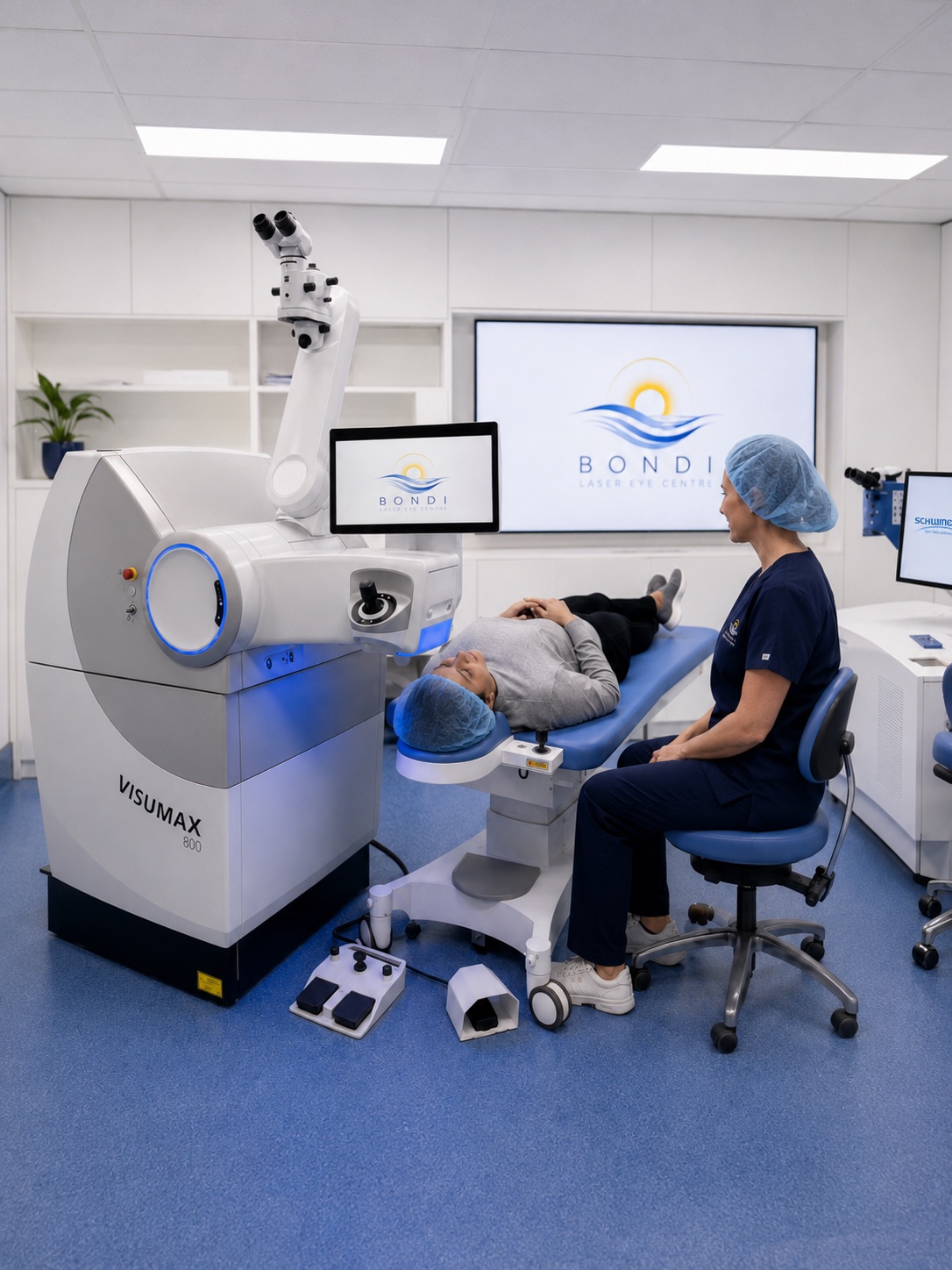 Patient resting on the laser treatment bed with Bondi Laser Eye Centre clinical staff nearby